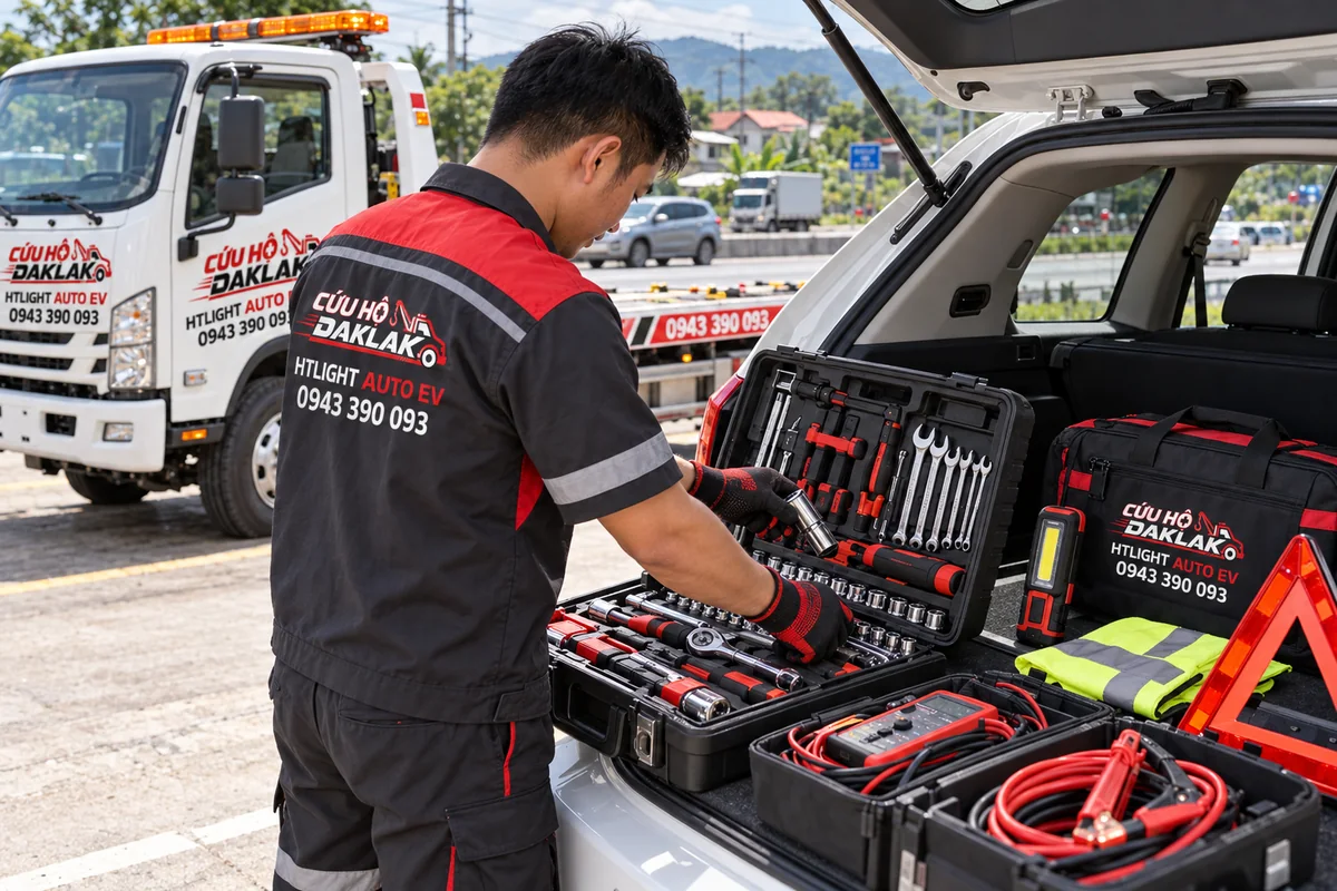 Bộ đồ nghề khẩn cấp bày trên cốp ô tô