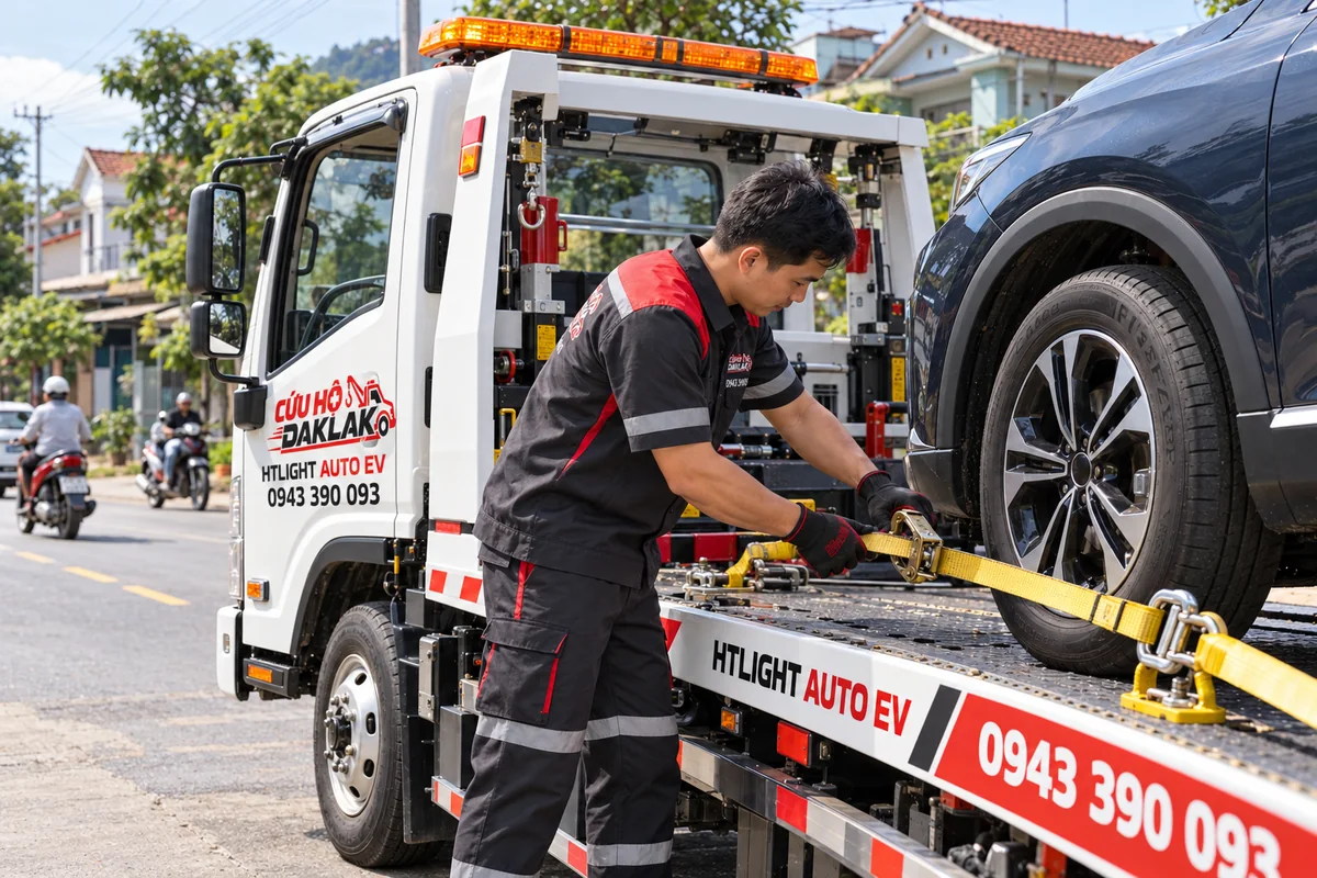 Cận cảnh dây chằng bánh ô tô trên sàn xe cứu hộ