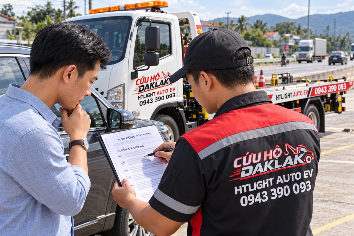 Chủ xe đọc quyền lợi cứu hộ trong hợp đồng bảo hiểm