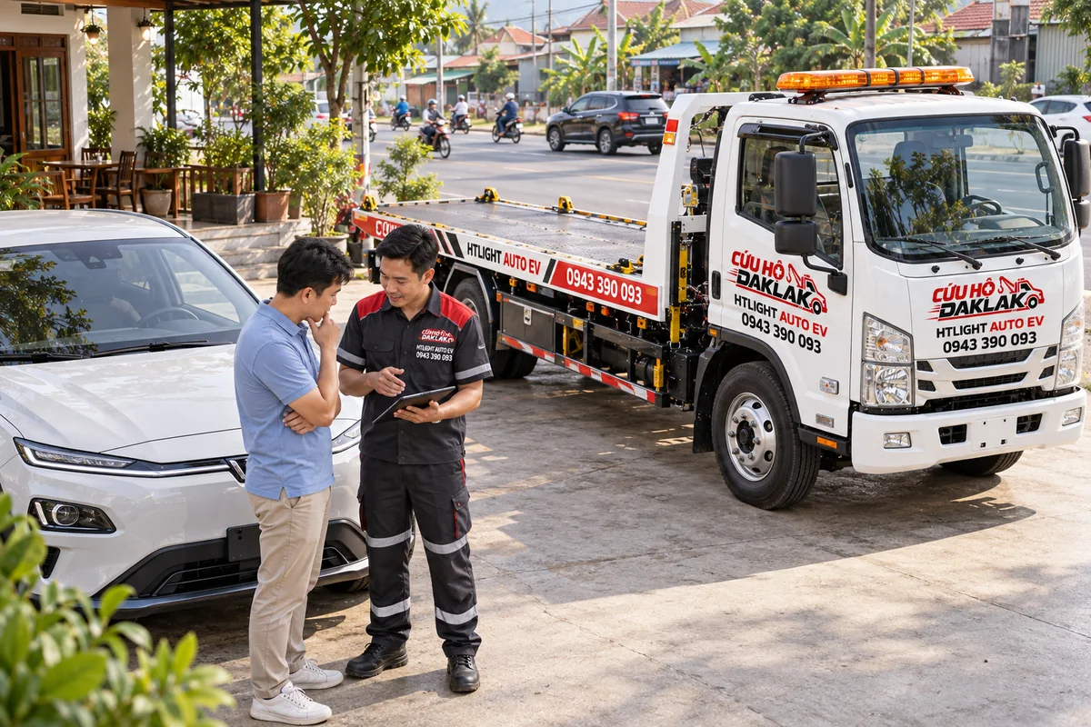 Chủ xe trao đổi phương án hỗ trợ với kỹ thuật viên HTLIGHT AUTO EV