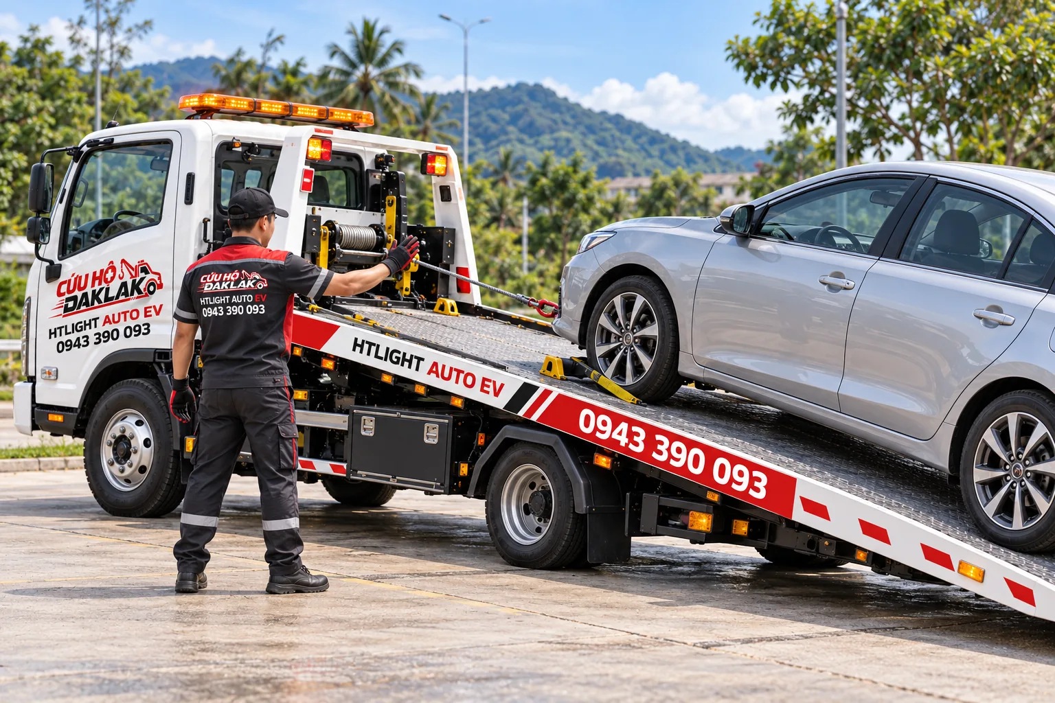 Kỹ thuật viên HTLIGHT AUTO EV hướng dẫn đưa ô tô lên xe cứu hộ sàn trượt