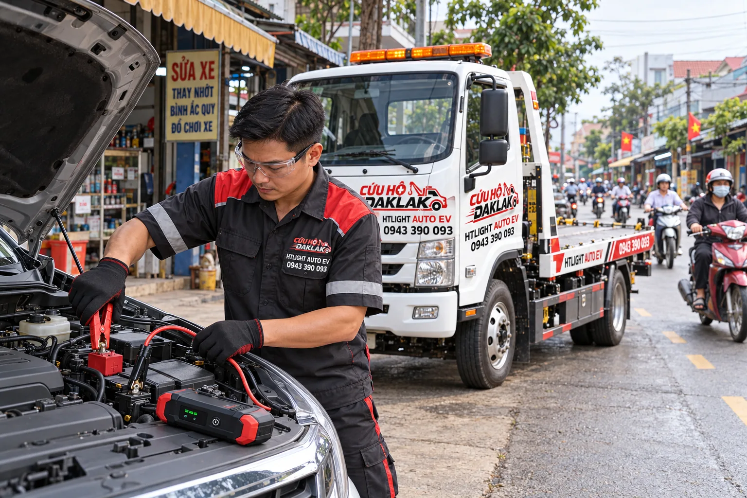 Kỹ thuật viên HTLIGHT AUTO EV dùng bộ kích bình cho ô tô bên phố thị trấn có người dân đi lại
