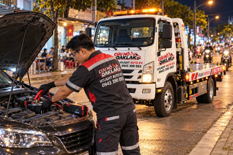 Kỹ thuật viên HTLIGHT AUTO EV kích bình ô tô ban đêm trên phố có cửa hàng và xe máy đi lại