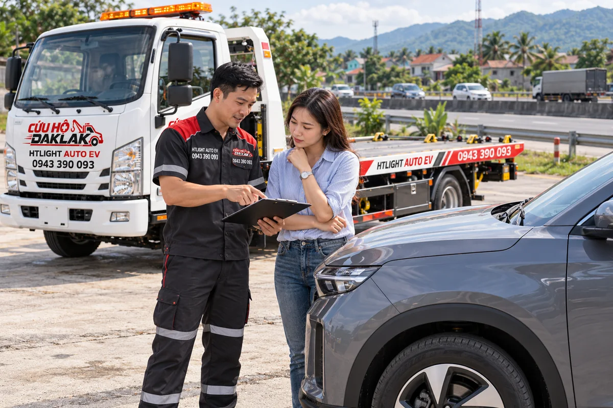 Kỹ thuật viên khảo sát xe và trao đổi hạng mục cần hỗ trợ