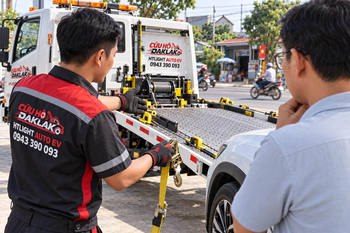 Kỹ thuật viên trao đổi cách vận chuyển ô tô với chủ xe