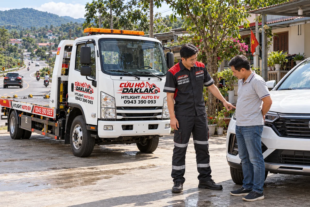 Kỹ thuật viên trao đổi với chủ xe trước hành trình đường đèo