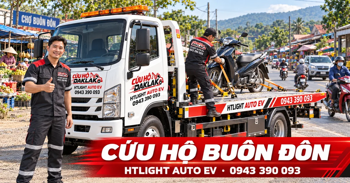 Kỹ thuật viên và xe cứu hộ HTLIGHT AUTO EV bên đường có dân cư – Cứu hộ Buôn Đôn