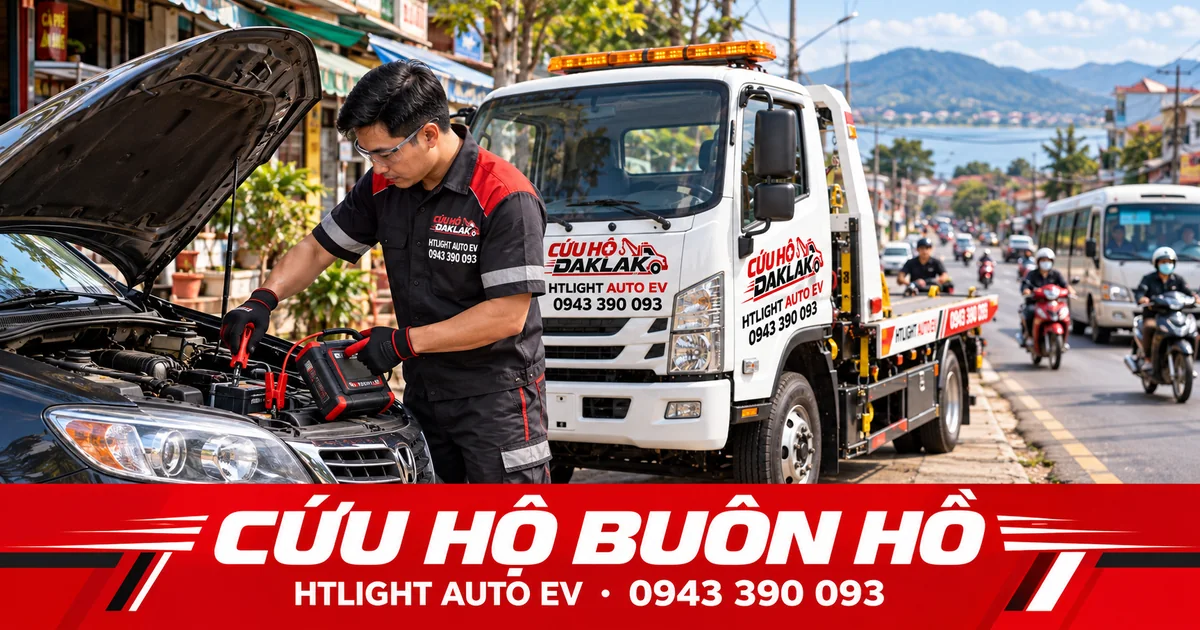 Kỹ thuật viên và xe cứu hộ HTLIGHT AUTO EV bên đường có dân cư – Cứu hộ Buôn Hồ