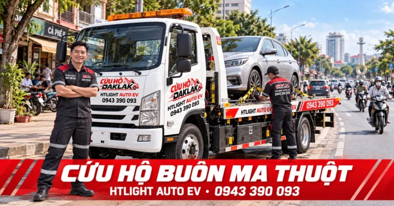 Kỹ thuật viên và xe cứu hộ HTLIGHT AUTO EV bên đường có dân cư – Cứu hộ Buôn Ma Thuột
