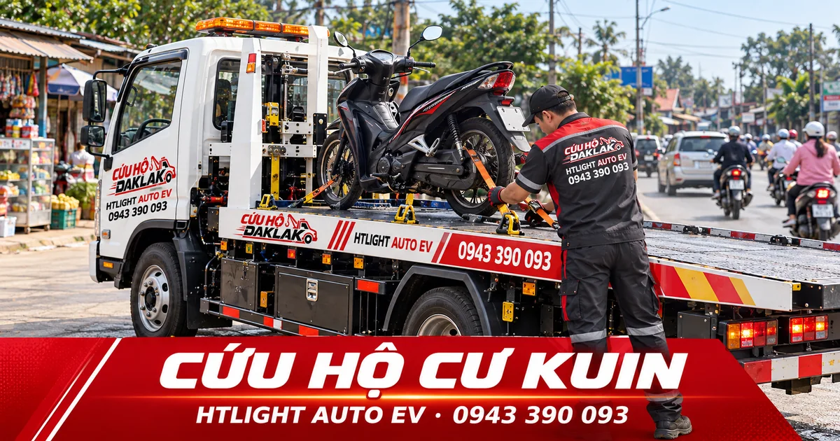 Kỹ thuật viên và xe cứu hộ HTLIGHT AUTO EV bên đường có dân cư – Cứu hộ Cư Kuin