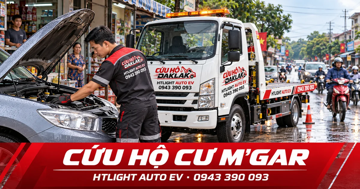 Kỹ thuật viên và xe cứu hộ HTLIGHT AUTO EV bên đường có dân cư – Cứu hộ Cư M’gar