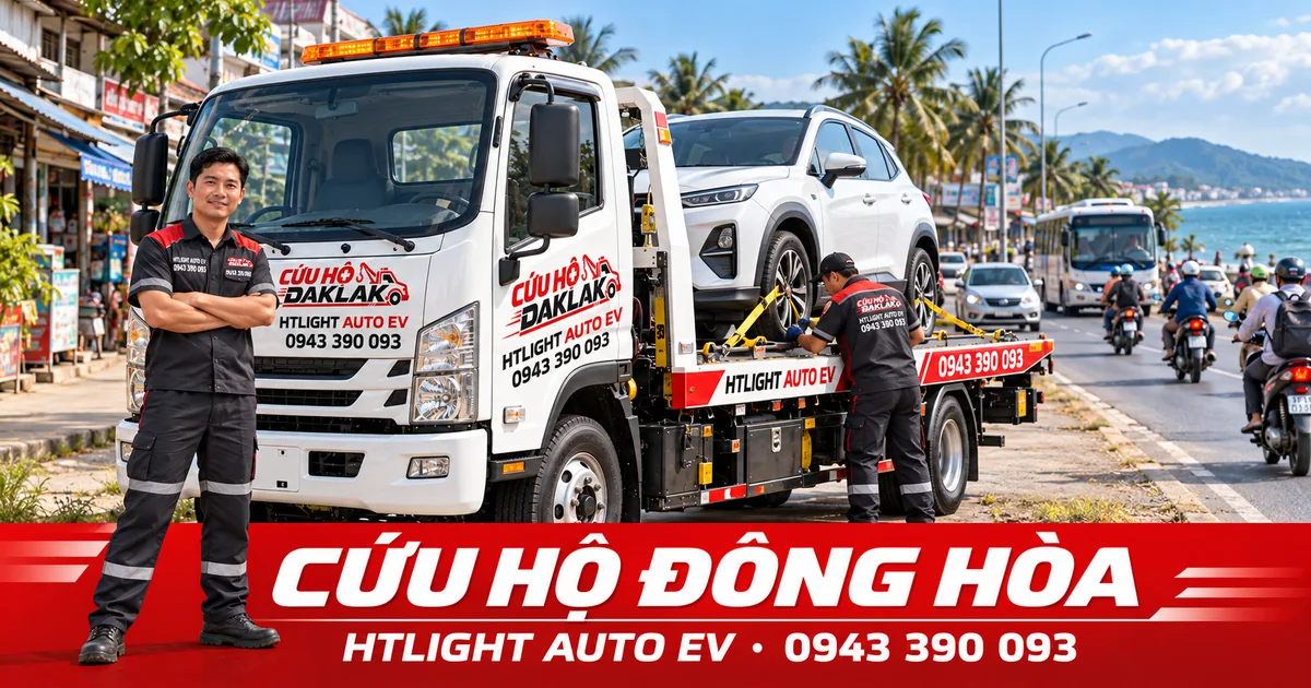 Kỹ thuật viên và xe cứu hộ HTLIGHT AUTO EV bên đường có dân cư – Cứu hộ Đông Hòa