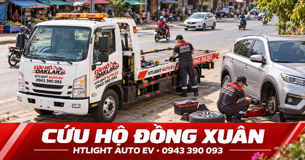 Kỹ thuật viên và xe cứu hộ HTLIGHT AUTO EV bên đường có dân cư – Cứu hộ Đồng Xuân