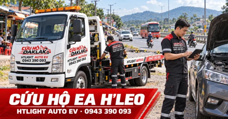 Kỹ thuật viên và xe cứu hộ HTLIGHT AUTO EV bên đường có dân cư – Cứu hộ Ea H’Leo