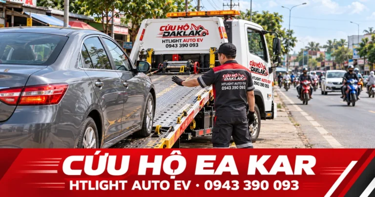 Kỹ thuật viên và xe cứu hộ HTLIGHT AUTO EV bên đường có dân cư – Cứu hộ Ea Kar