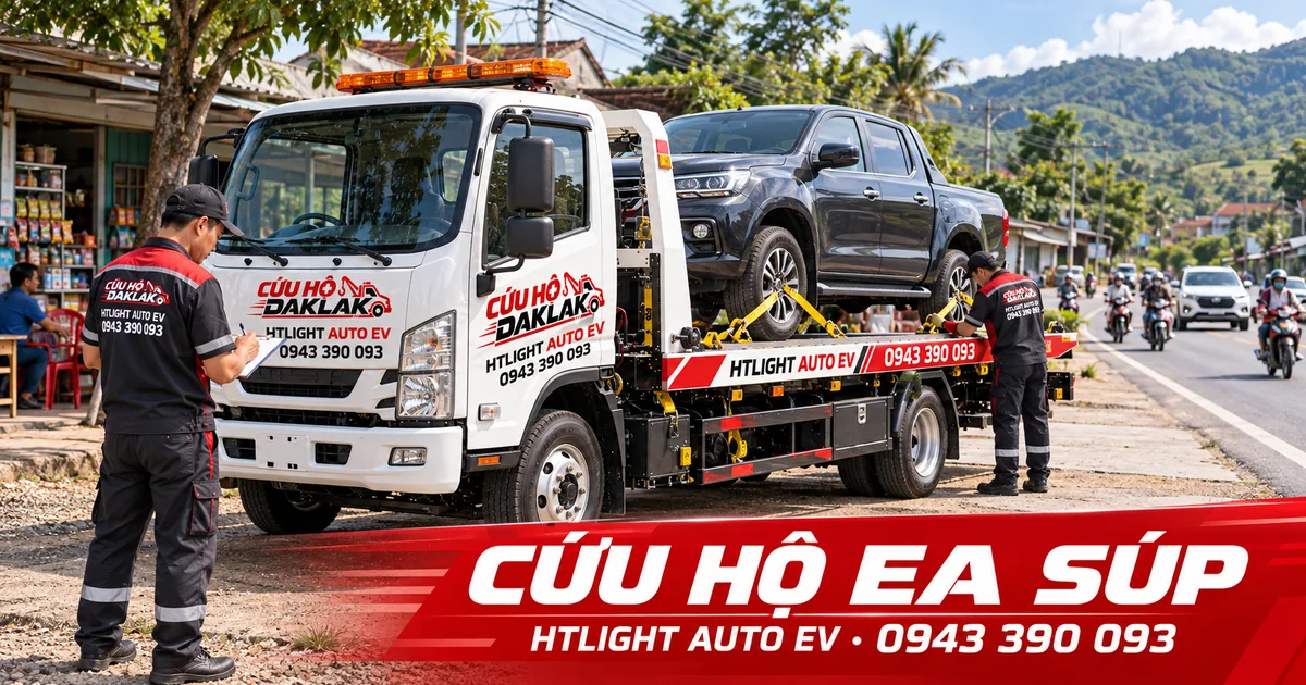 Kỹ thuật viên và xe cứu hộ HTLIGHT AUTO EV bên đường có dân cư – Cứu hộ Ea Súp