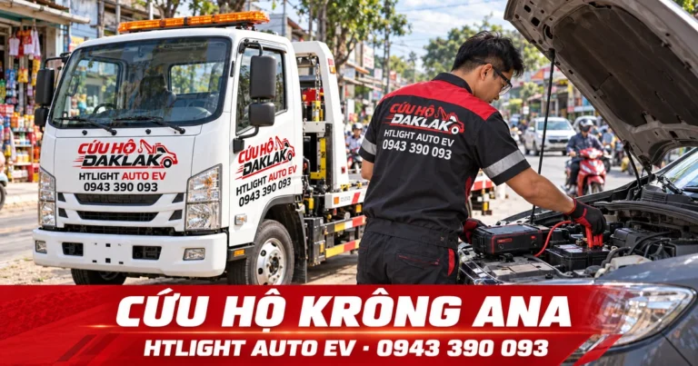 Kỹ thuật viên và xe cứu hộ HTLIGHT AUTO EV bên đường có dân cư – Cứu hộ Krông Ana