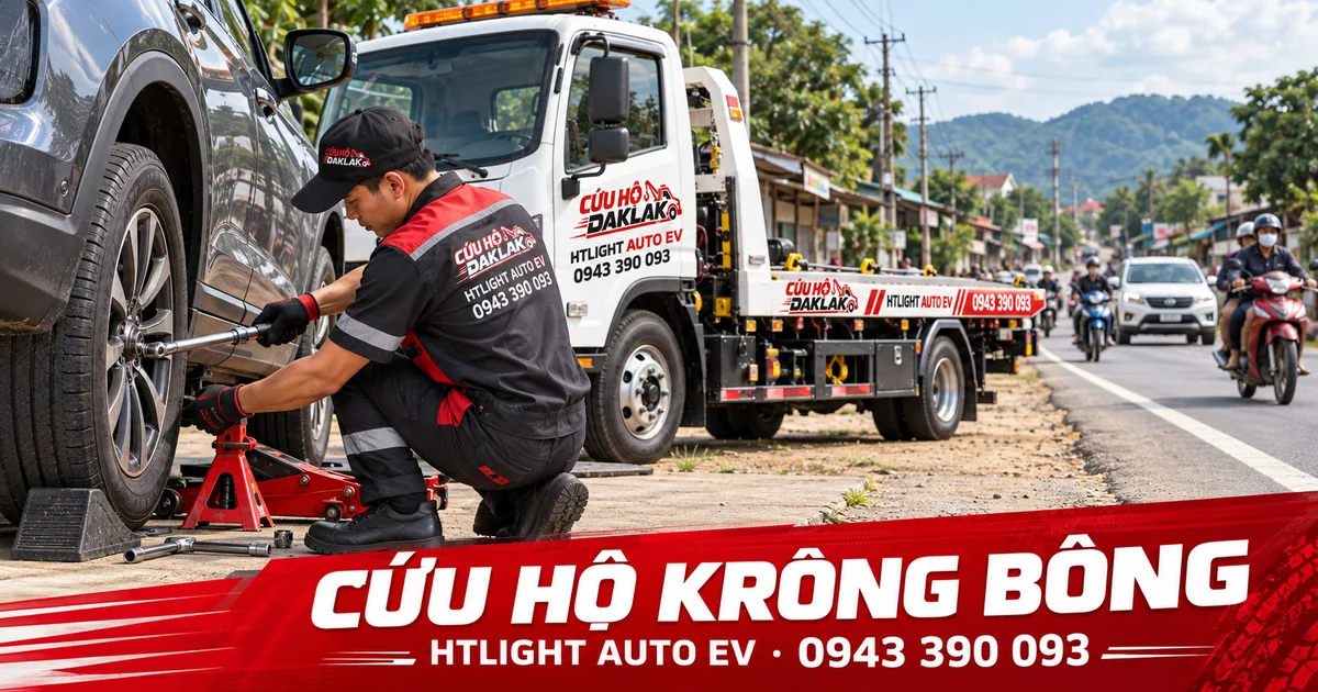 Kỹ thuật viên và xe cứu hộ HTLIGHT AUTO EV bên đường có dân cư – Cứu hộ Krông Bông
