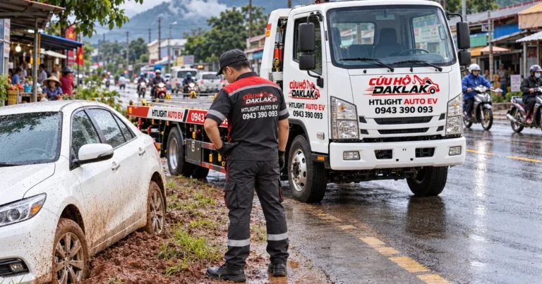 Kỹ thuật viên HTLIGHT AUTO EV khảo sát ô tô sa lầy bên đường dân cư sau mưa tại Việt Nam