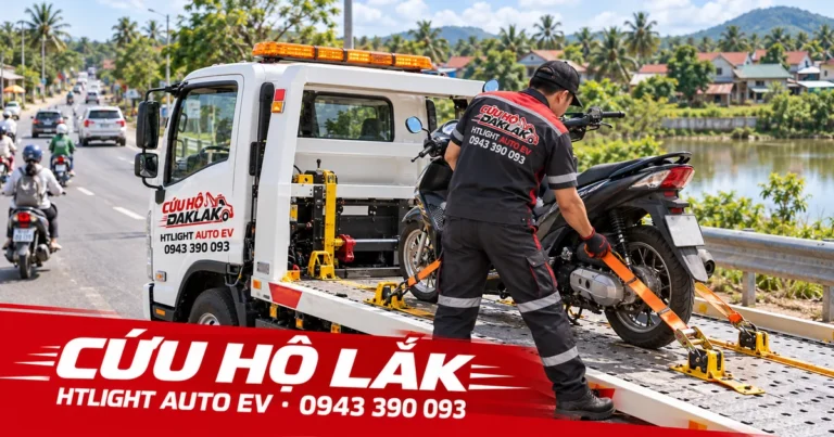 Kỹ thuật viên và xe cứu hộ HTLIGHT AUTO EV bên đường có dân cư – Cứu hộ Lắk