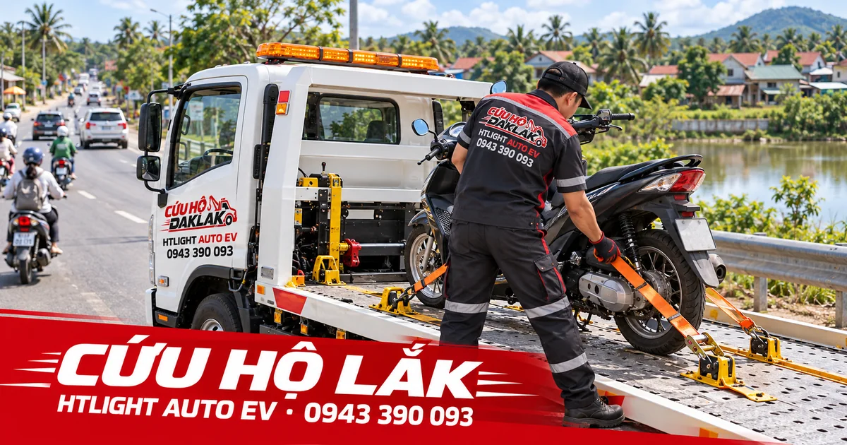 Kỹ thuật viên và xe cứu hộ HTLIGHT AUTO EV bên đường có dân cư – Cứu hộ Lắk