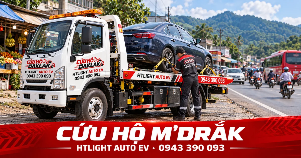 Kỹ thuật viên và xe cứu hộ HTLIGHT AUTO EV bên đường có dân cư – Cứu hộ M’Drắk