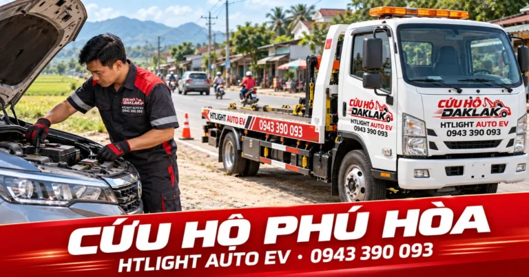 Kỹ thuật viên và xe cứu hộ HTLIGHT AUTO EV bên đường có dân cư – Cứu hộ Phú Hòa