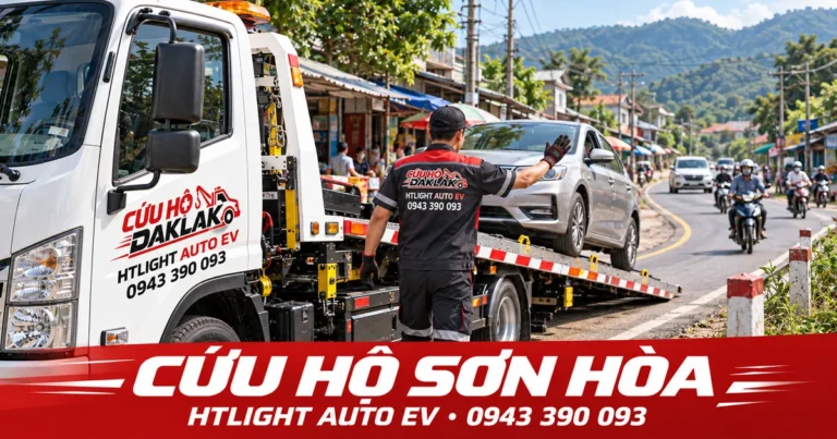 Kỹ thuật viên và xe cứu hộ HTLIGHT AUTO EV bên đường có dân cư – Cứu hộ Sơn Hòa