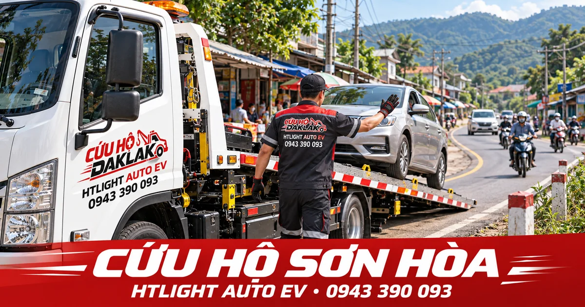 Kỹ thuật viên và xe cứu hộ HTLIGHT AUTO EV bên đường có dân cư – Cứu hộ Sơn Hòa