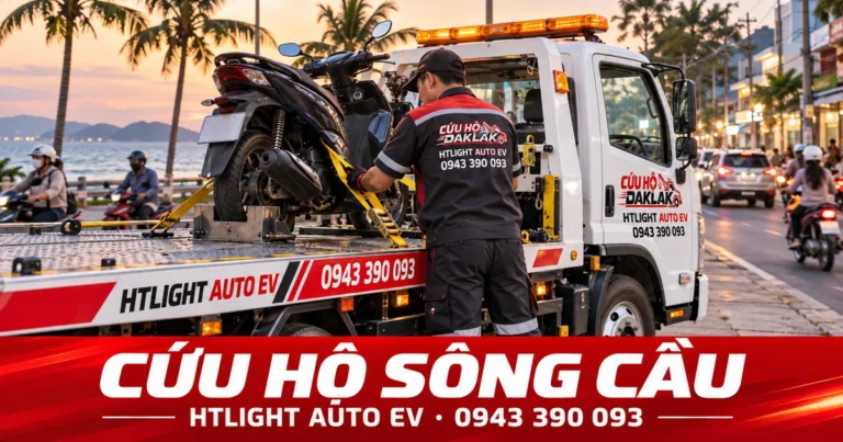 Kỹ thuật viên và xe cứu hộ HTLIGHT AUTO EV bên đường có dân cư – Cứu hộ Sông Cầu