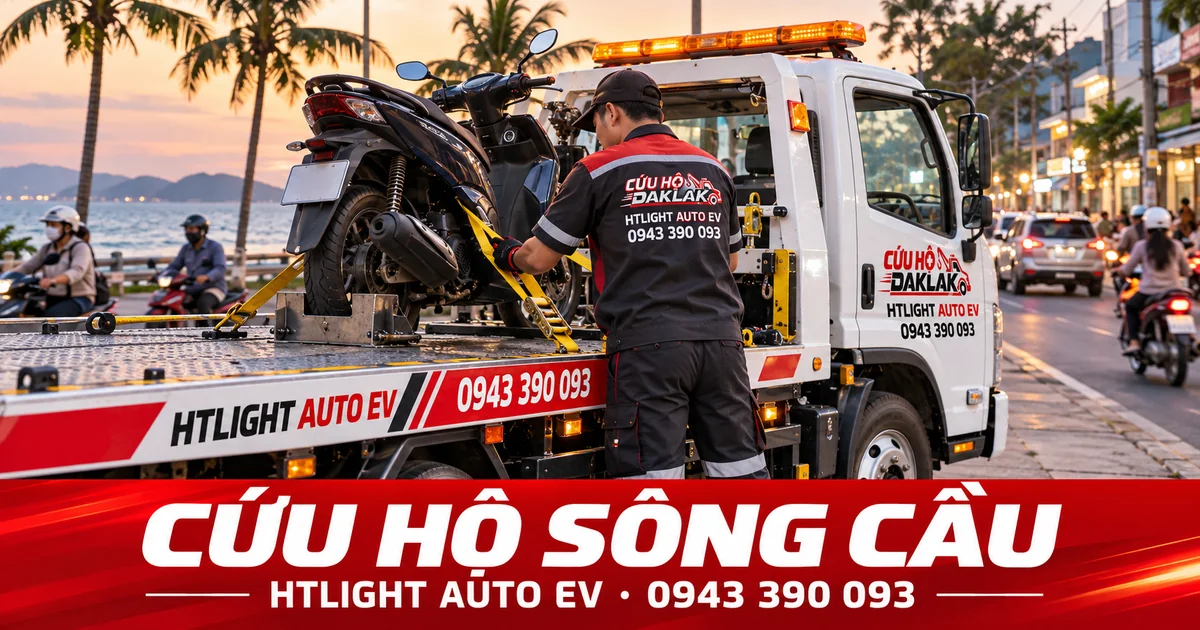 Kỹ thuật viên và xe cứu hộ HTLIGHT AUTO EV bên đường có dân cư – Cứu hộ Sông Cầu