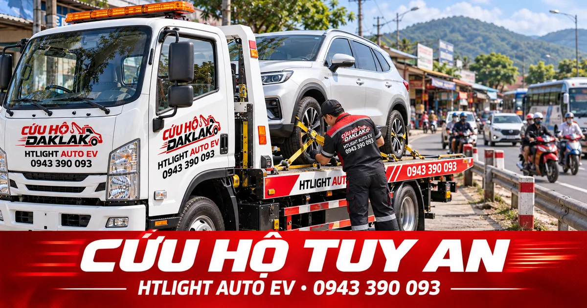 Kỹ thuật viên và xe cứu hộ HTLIGHT AUTO EV bên đường có dân cư – Cứu hộ Tuy An